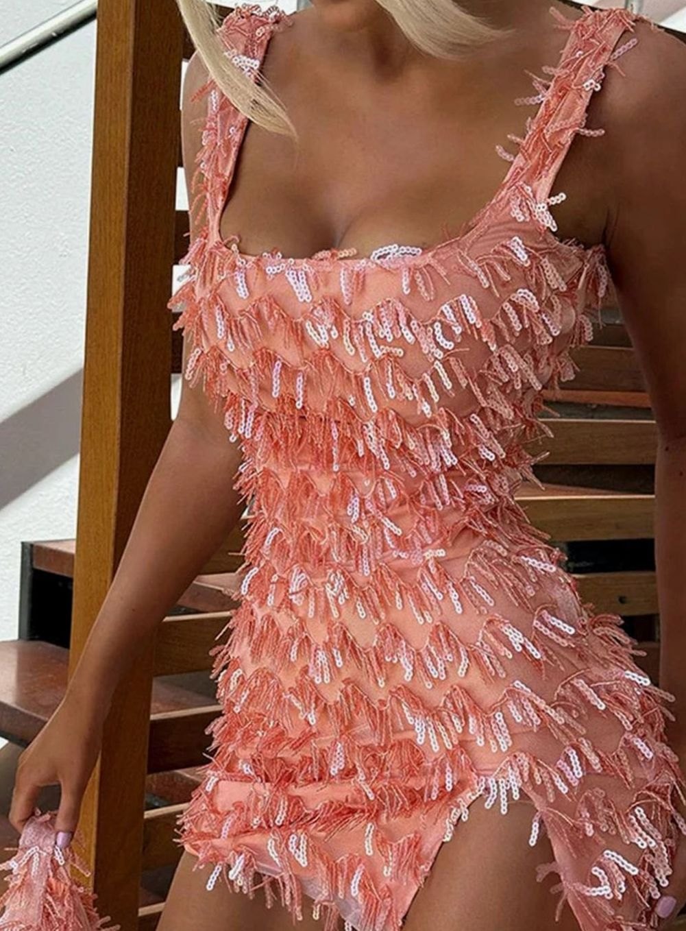 Women's Sequin Tassel Mini Christmas Party Dress - Coral Pink