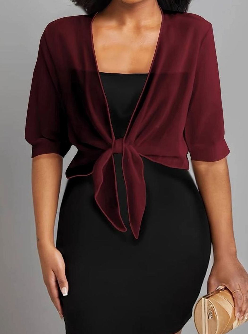 Women's Sheer Chiffon Tie-Front Half-Sleeve Cardigan - Wine Red