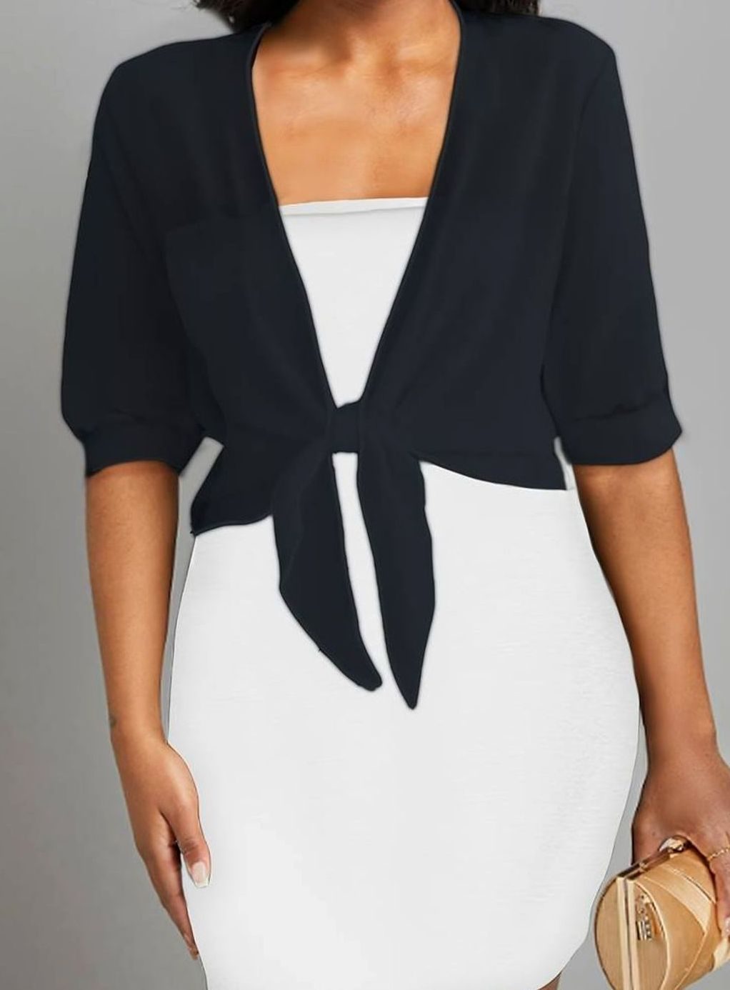 Women's Sheer Chiffon Tie-Front Half-Sleeve Cardigan - Black