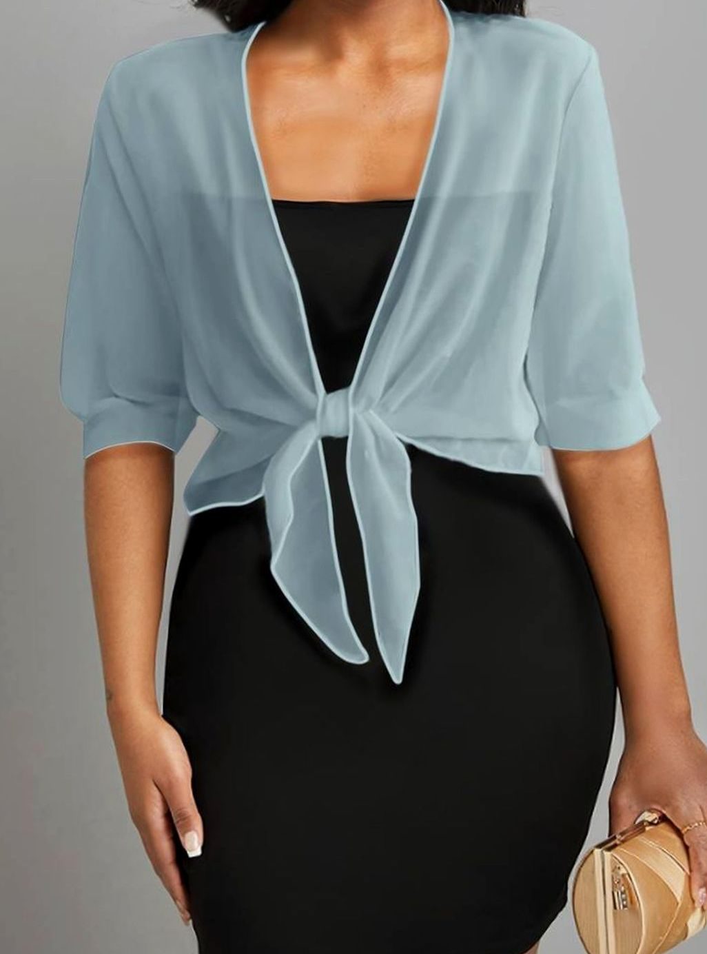 Women's Sheer Chiffon Tie-Front Half-Sleeve Cardigan - Light Blue