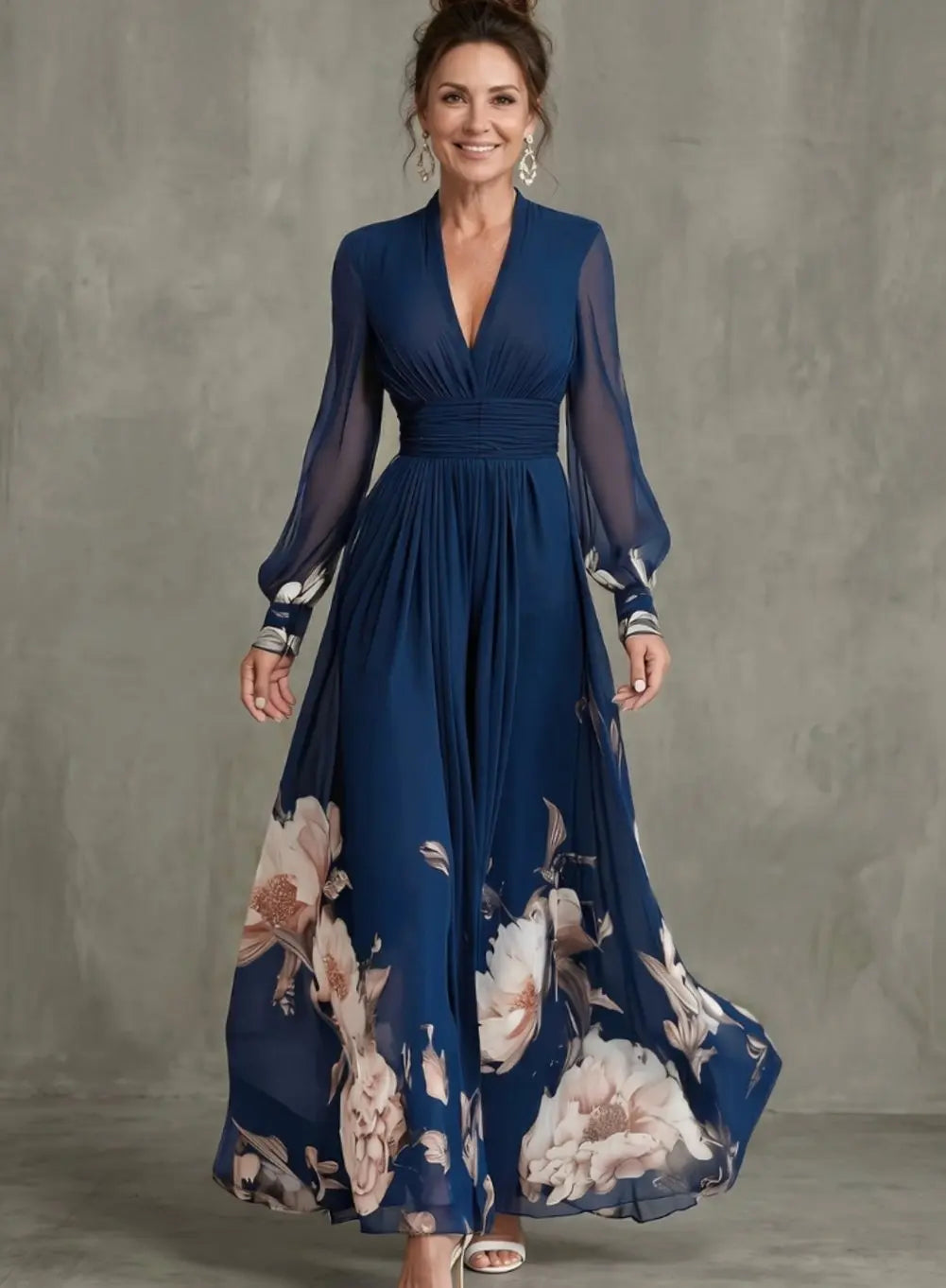 Women's Sheer Long Sleeve Pleated V-Neck Maxi Dress - Navy