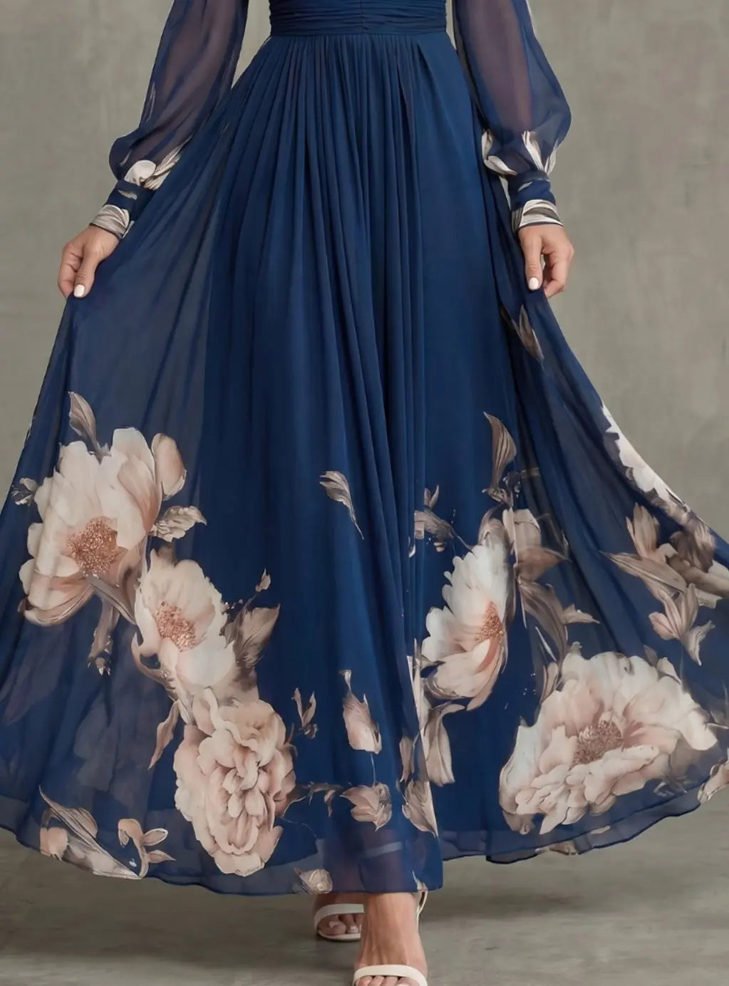 Women's Sheer Long Sleeve Pleated V-Neck Maxi Dress