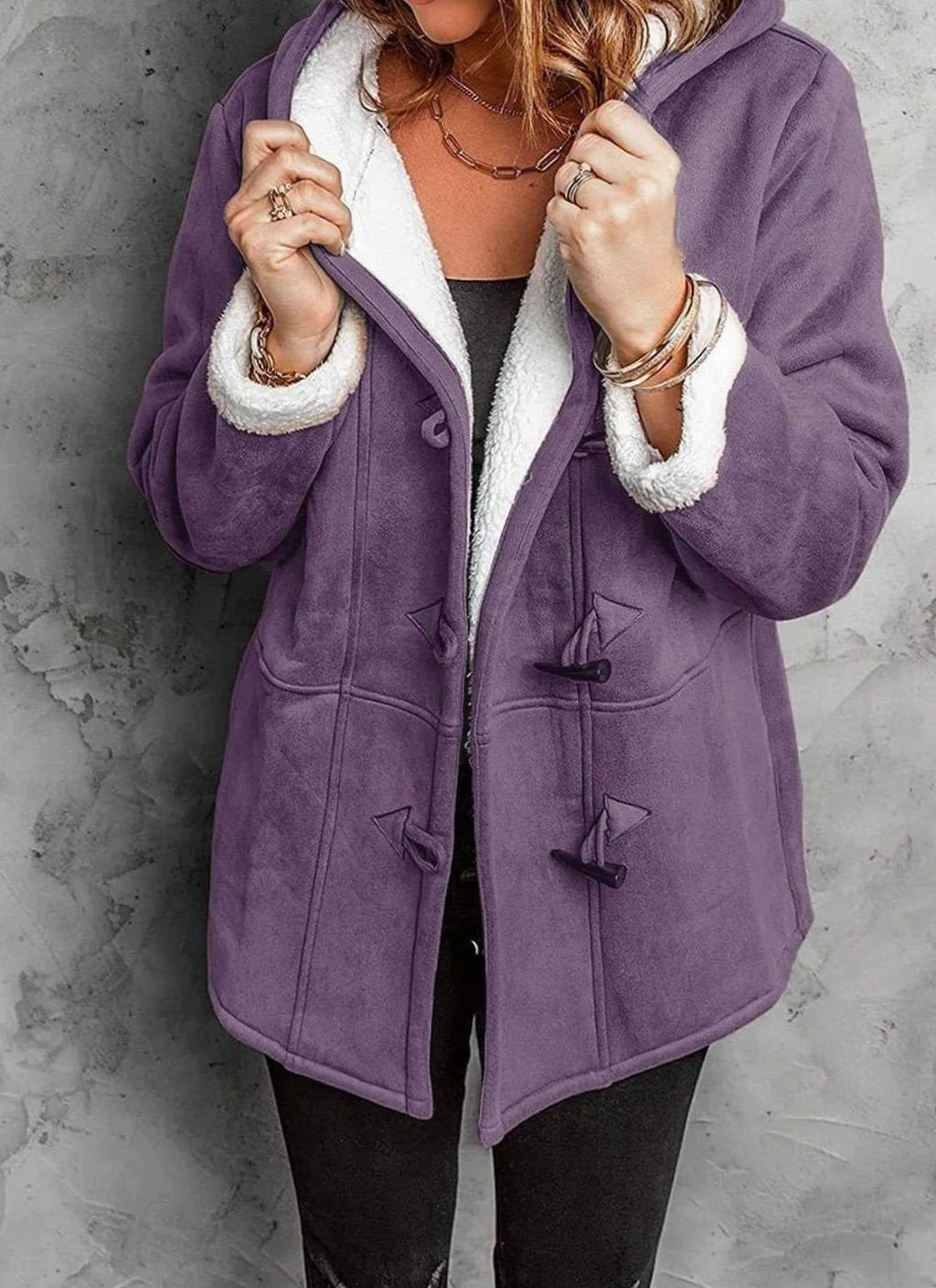 Women's Sherpa-Lined Hooded Duffle Coat Toggle Buttons - Purple