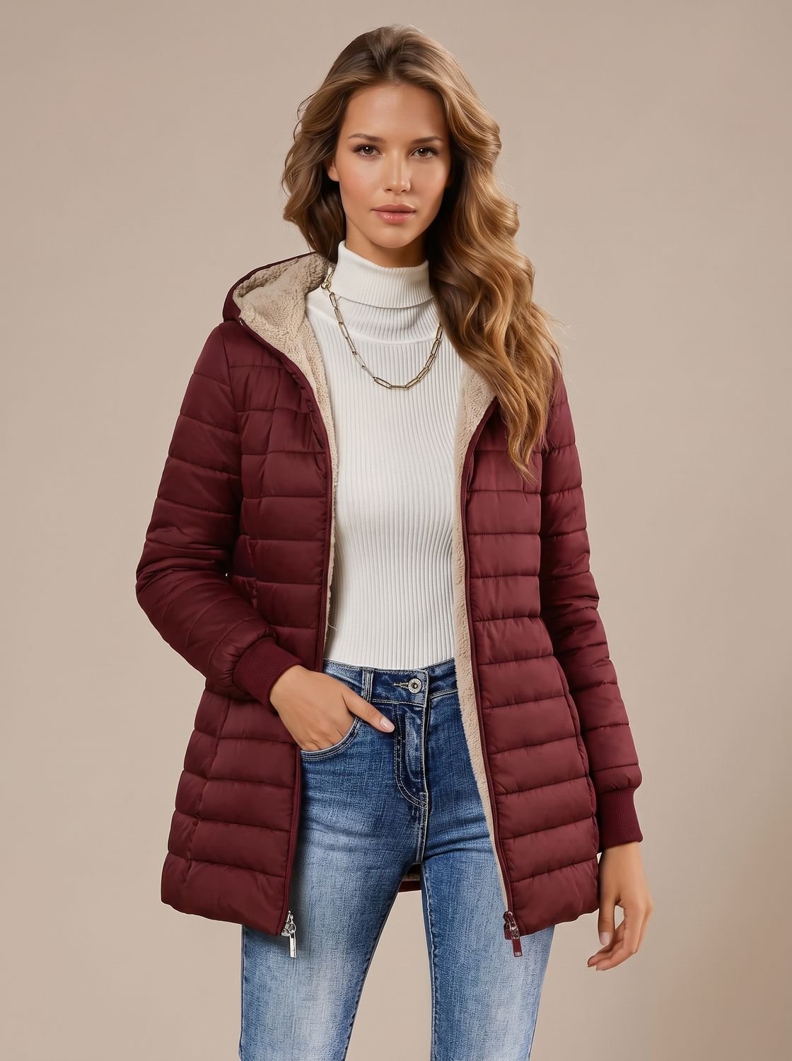 Women's Sherpa-Lined Hooded Quilted Winter Coat - Red