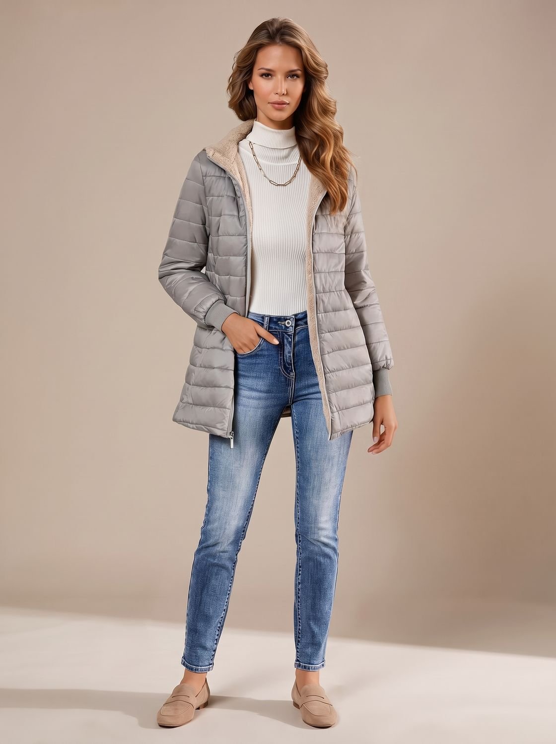 Women's Sherpa-Lined Hooded Quilted Winter Coat - Grey