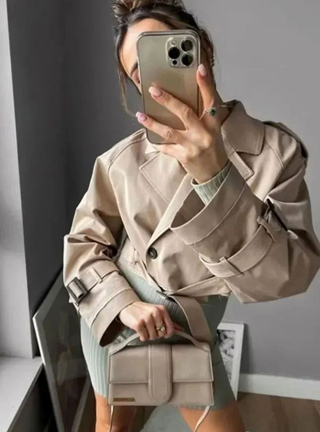 Women's Short Beige Trench Coat Cropped Long-Sleeve Jacket