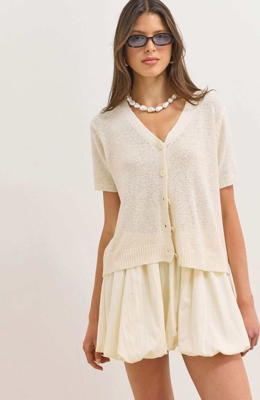 Women's Short-Sleeve Button-Up Knit Cardigan