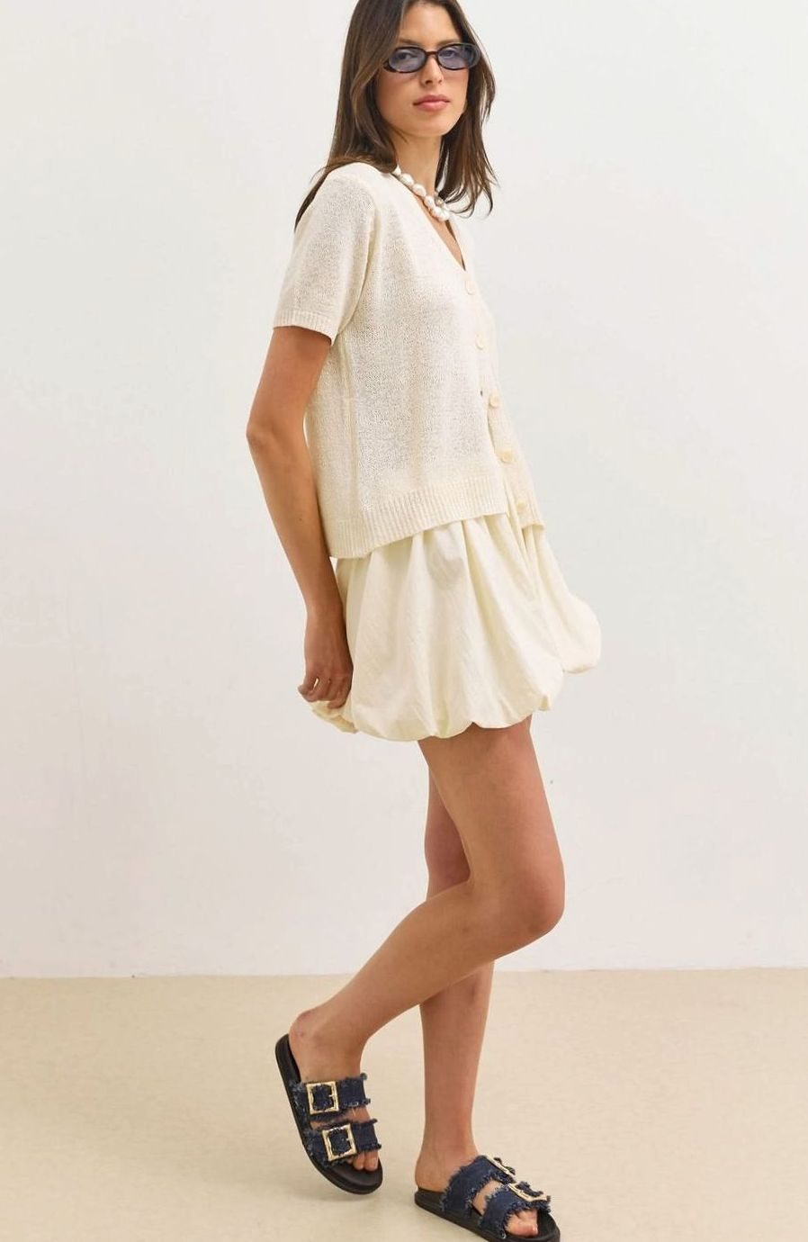 Women's Short-Sleeve Button-Up Knit Cardigan