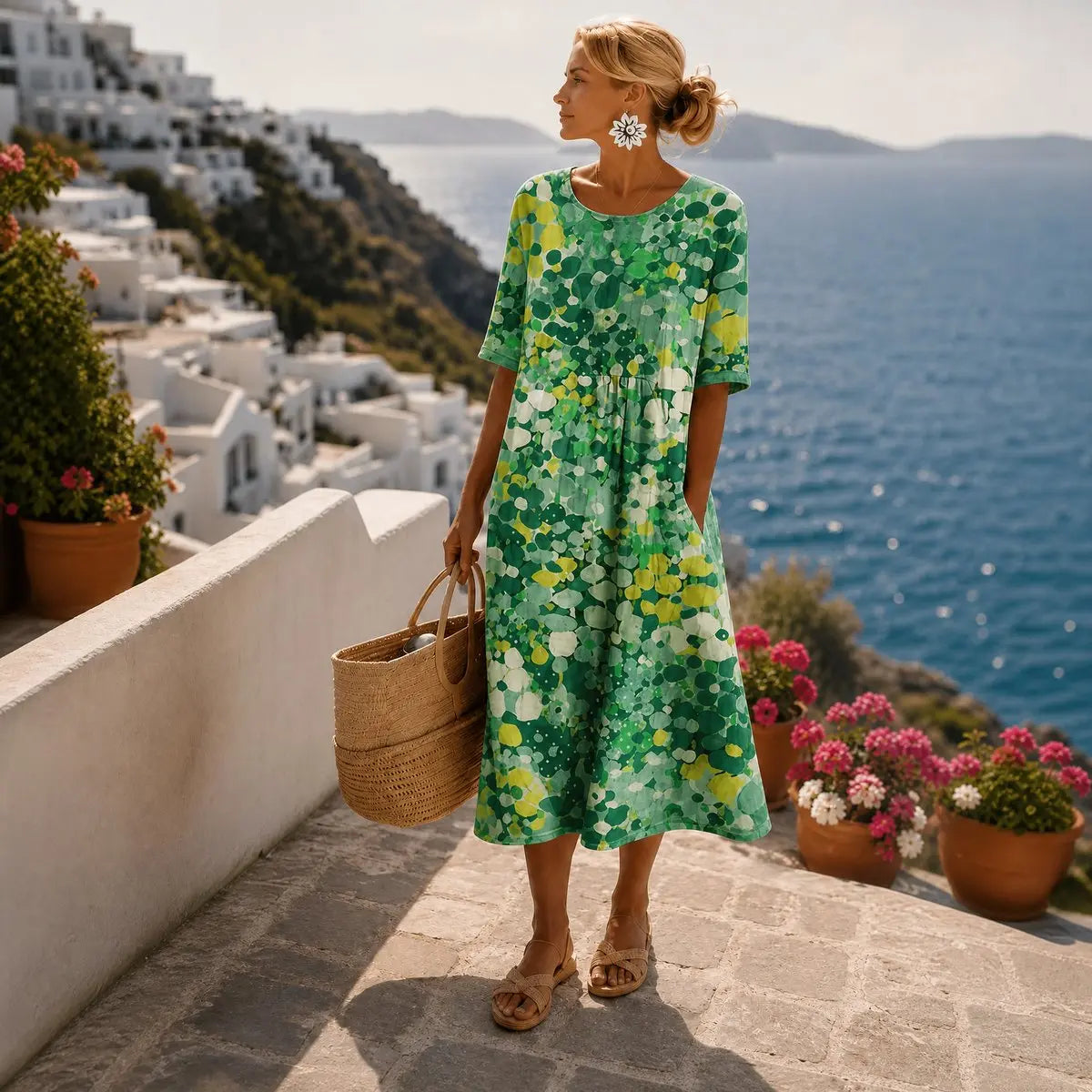 Women's Short Sleeve Floral Print Midi Dress Loose Fit - Green