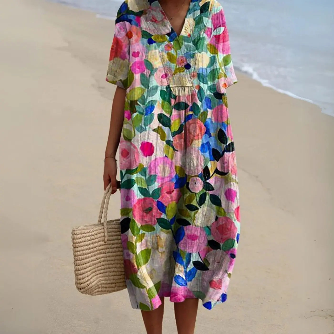 Women's Short-Sleeve V-Neck Floral Midi Dress - Floral 1