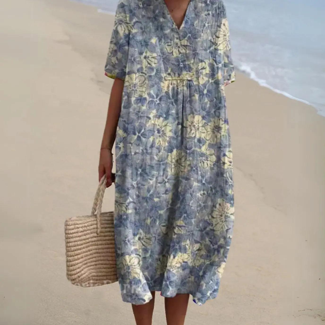 Women's Short-Sleeve V-Neck Floral Midi Dress - Floral 11