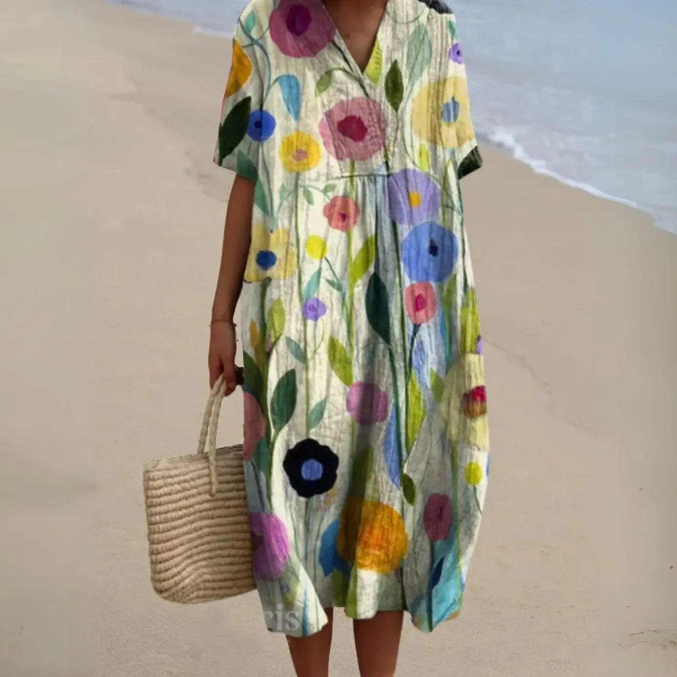 Women's Short-Sleeve V-Neck Floral Midi Dress - Floral 12