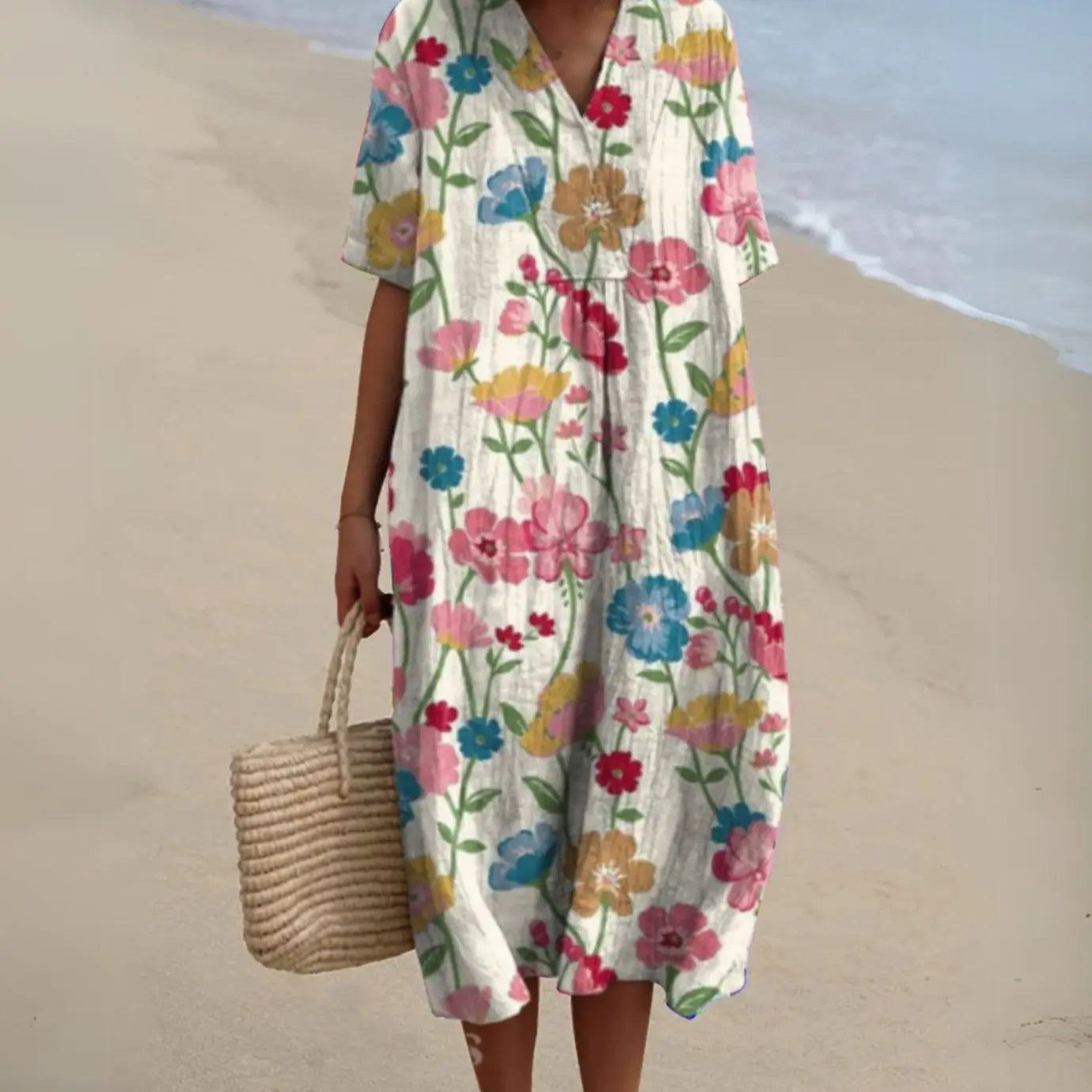 Women's Short-Sleeve V-Neck Floral Midi Dress - Floral 3