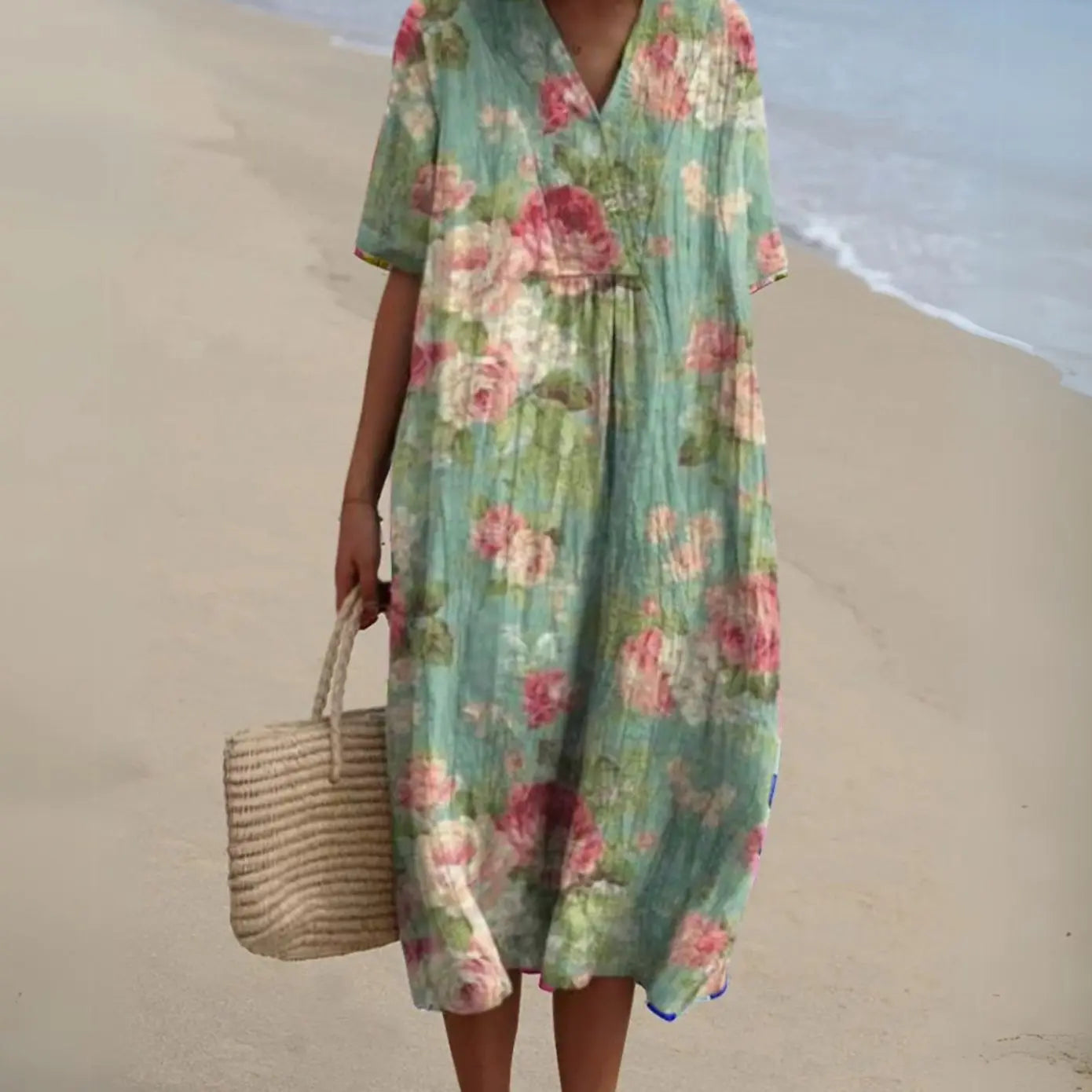 Women's Short-Sleeve V-Neck Floral Midi Dress - Floral 7