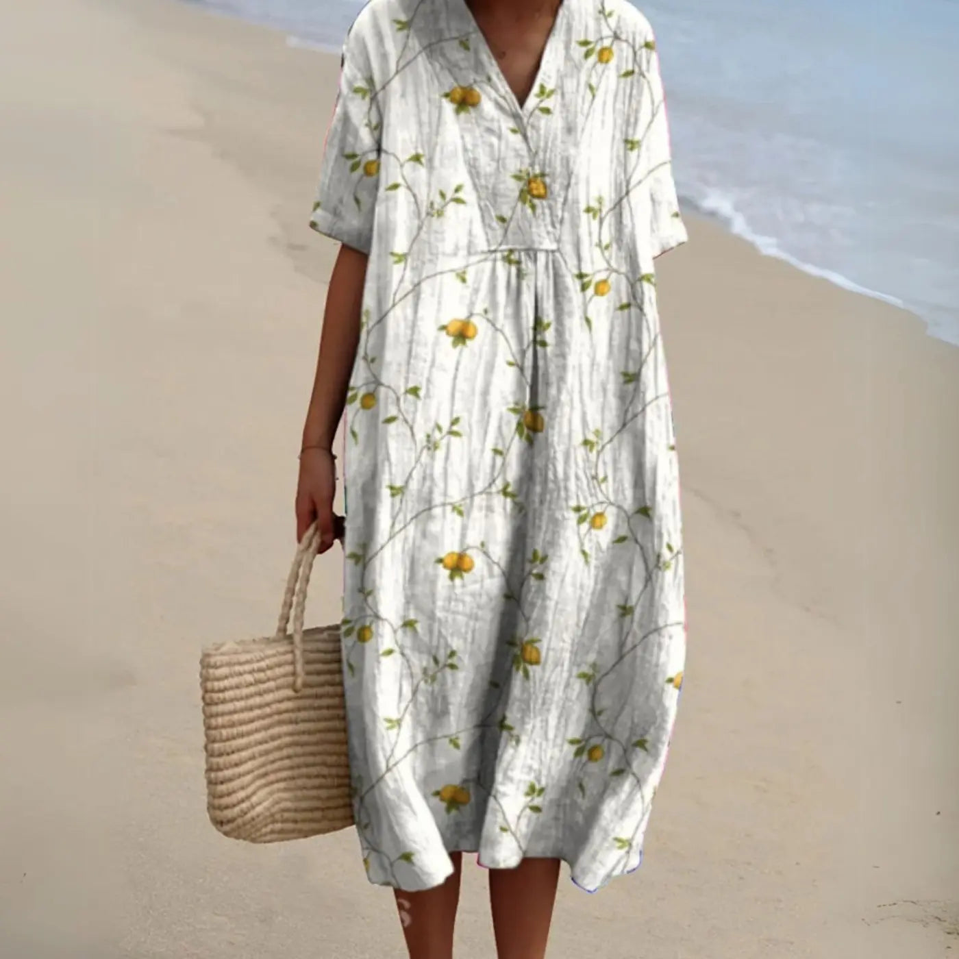 Women's Short-Sleeve V-Neck Floral Midi Dress - Floral 9