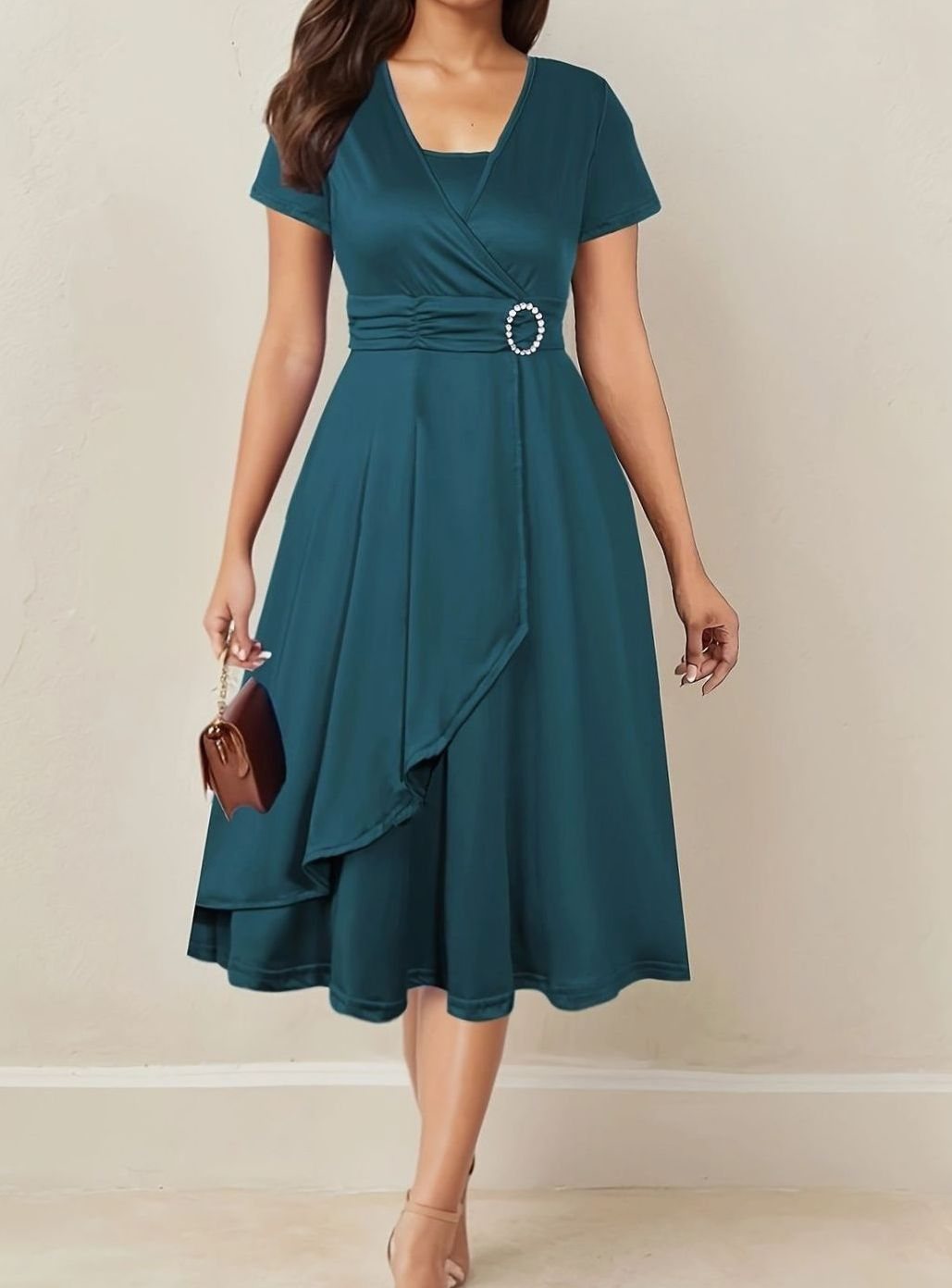 Women's Short-Sleeve Wrap-Front Rhinestone Buckle Party Dress - Dark Teal