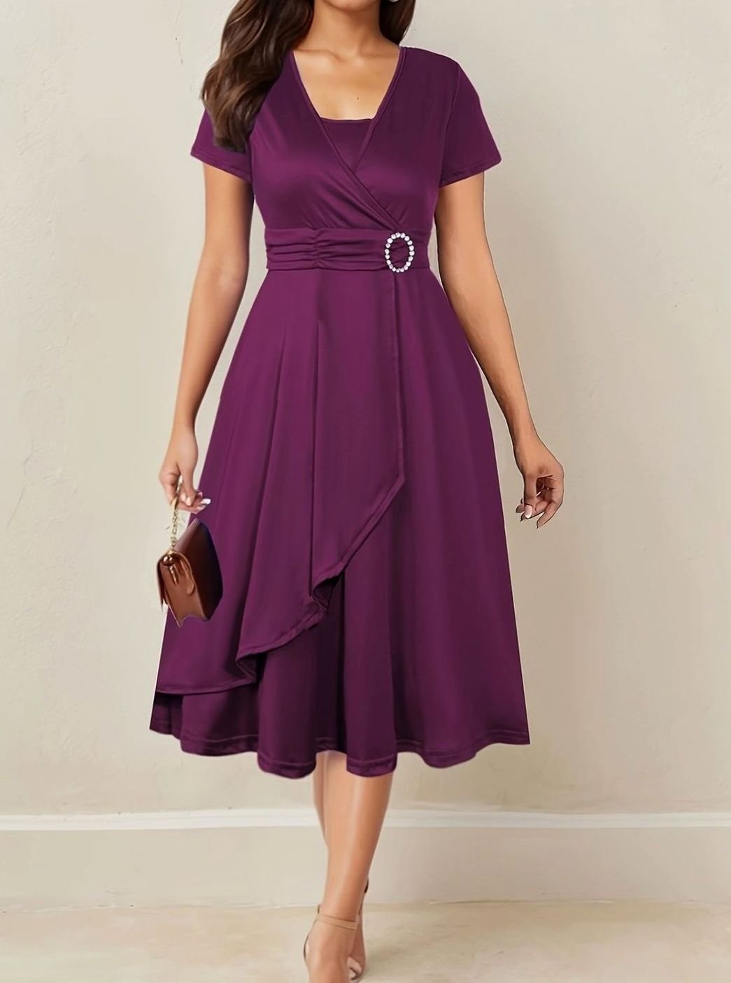 Women's Short-Sleeve Wrap-Front Rhinestone Buckle Party Dress - Purple