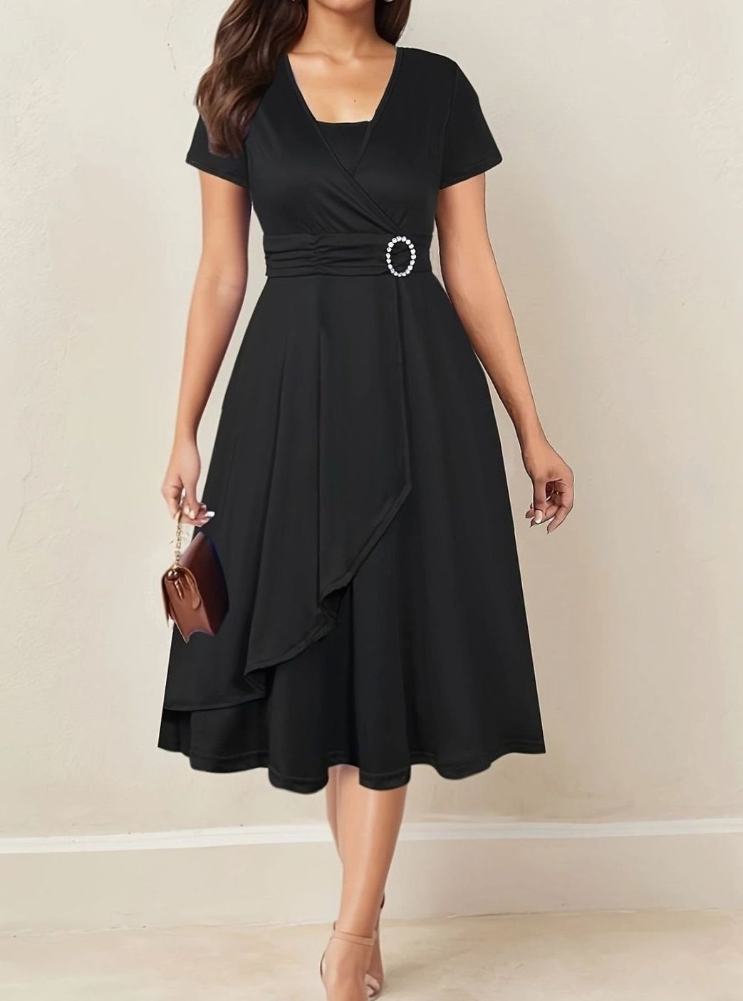 Women's Short-Sleeve Wrap-Front Rhinestone Buckle Party Dress - Black
