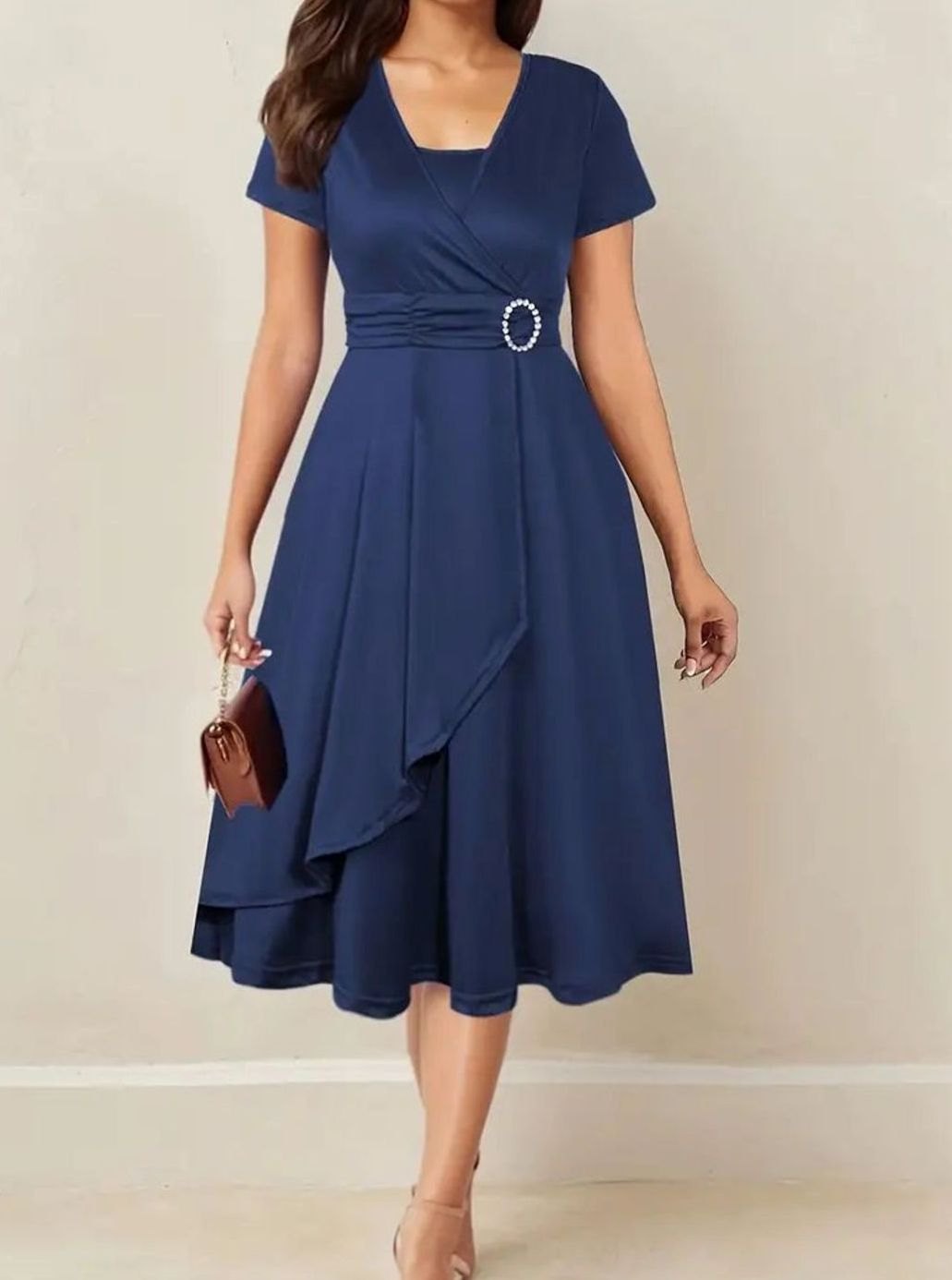 Women's Short-Sleeve Wrap-Front Rhinestone Buckle Party Dress - Navy Blue