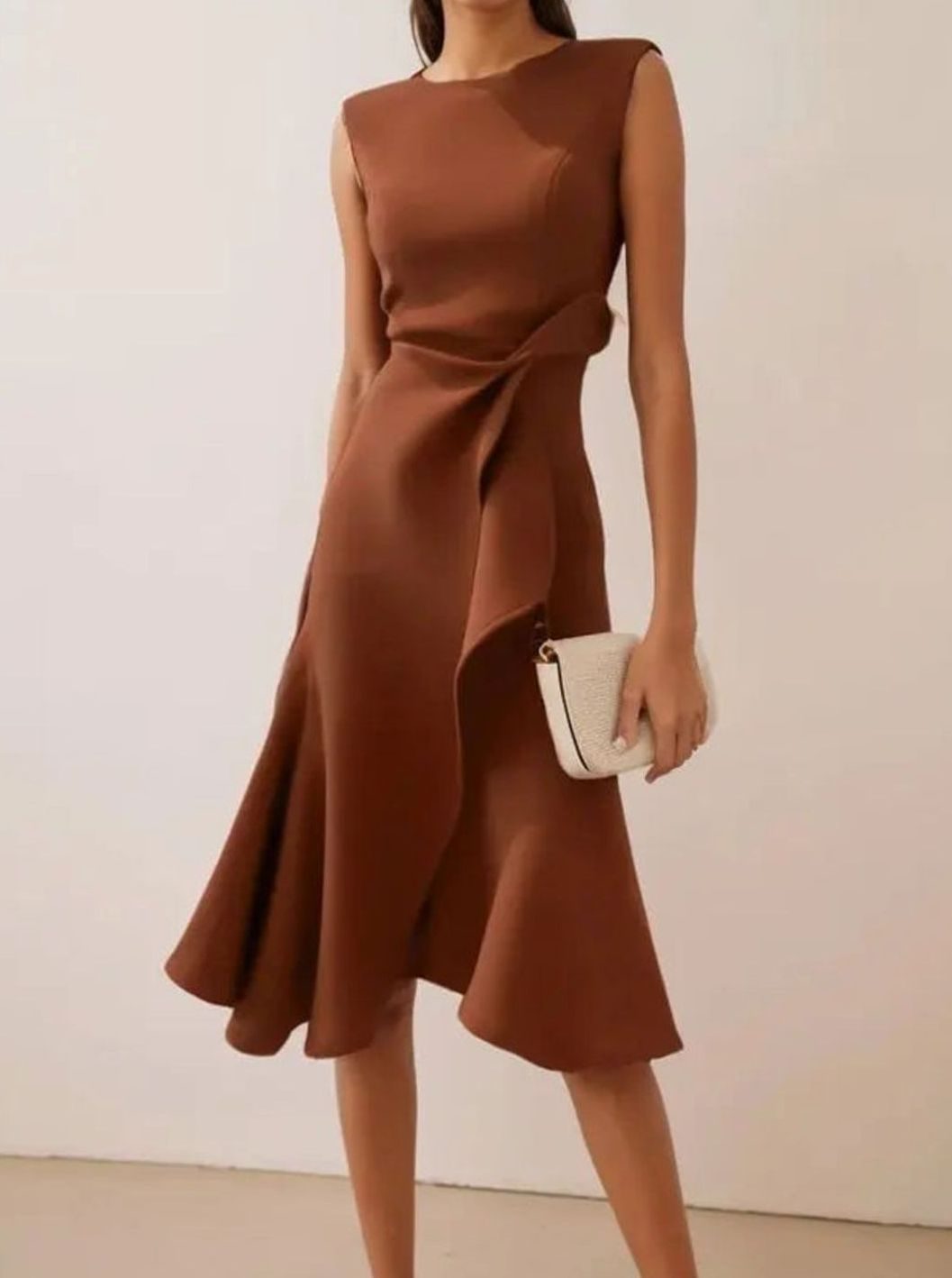 Women's Sleeveless Draped Asymmetric Hem Midi Dress - Tan Brown