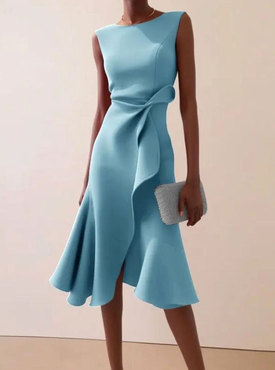 Women's Sleeveless Draped Asymmetric Hem Midi Dress - Light Blue