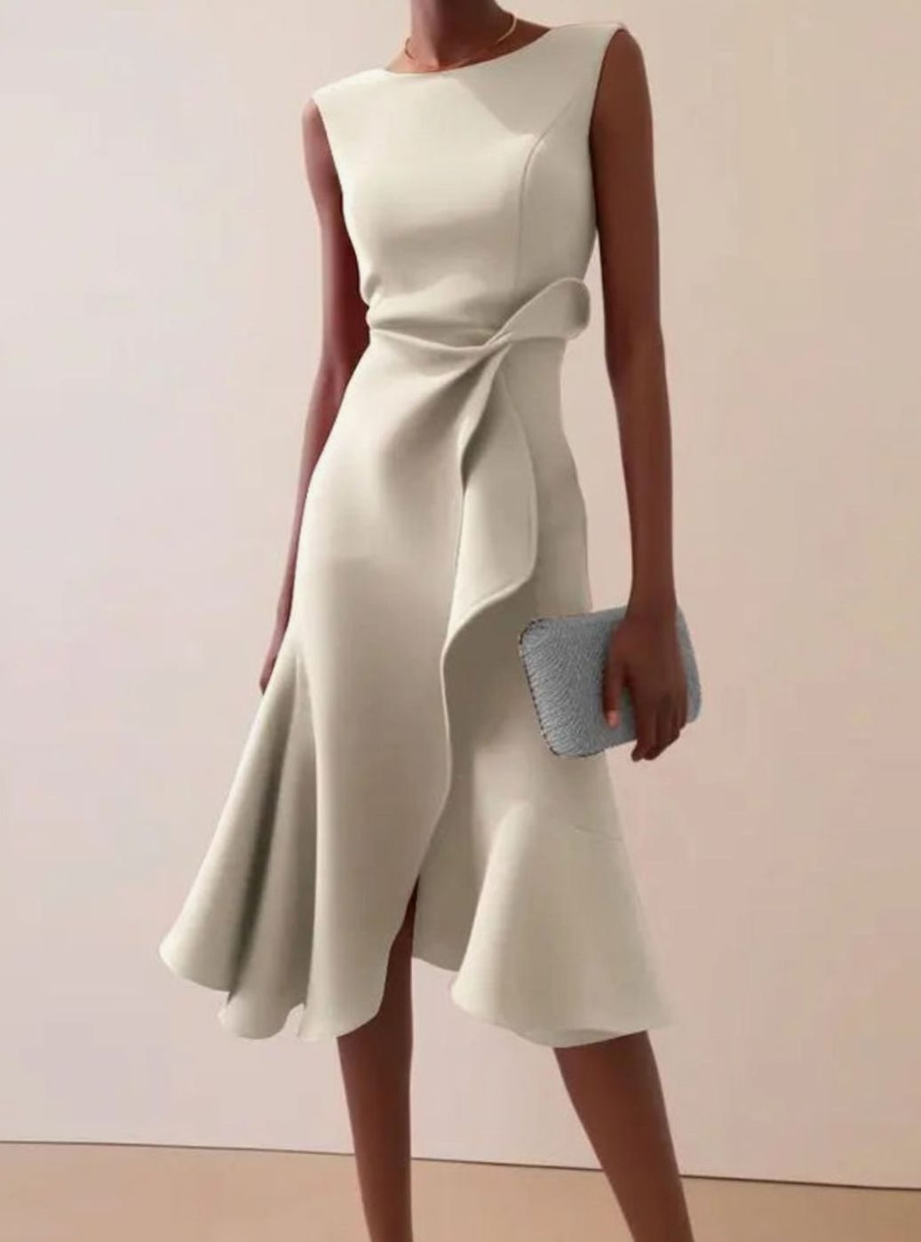Women's Sleeveless Draped Asymmetric Hem Midi Dress - White