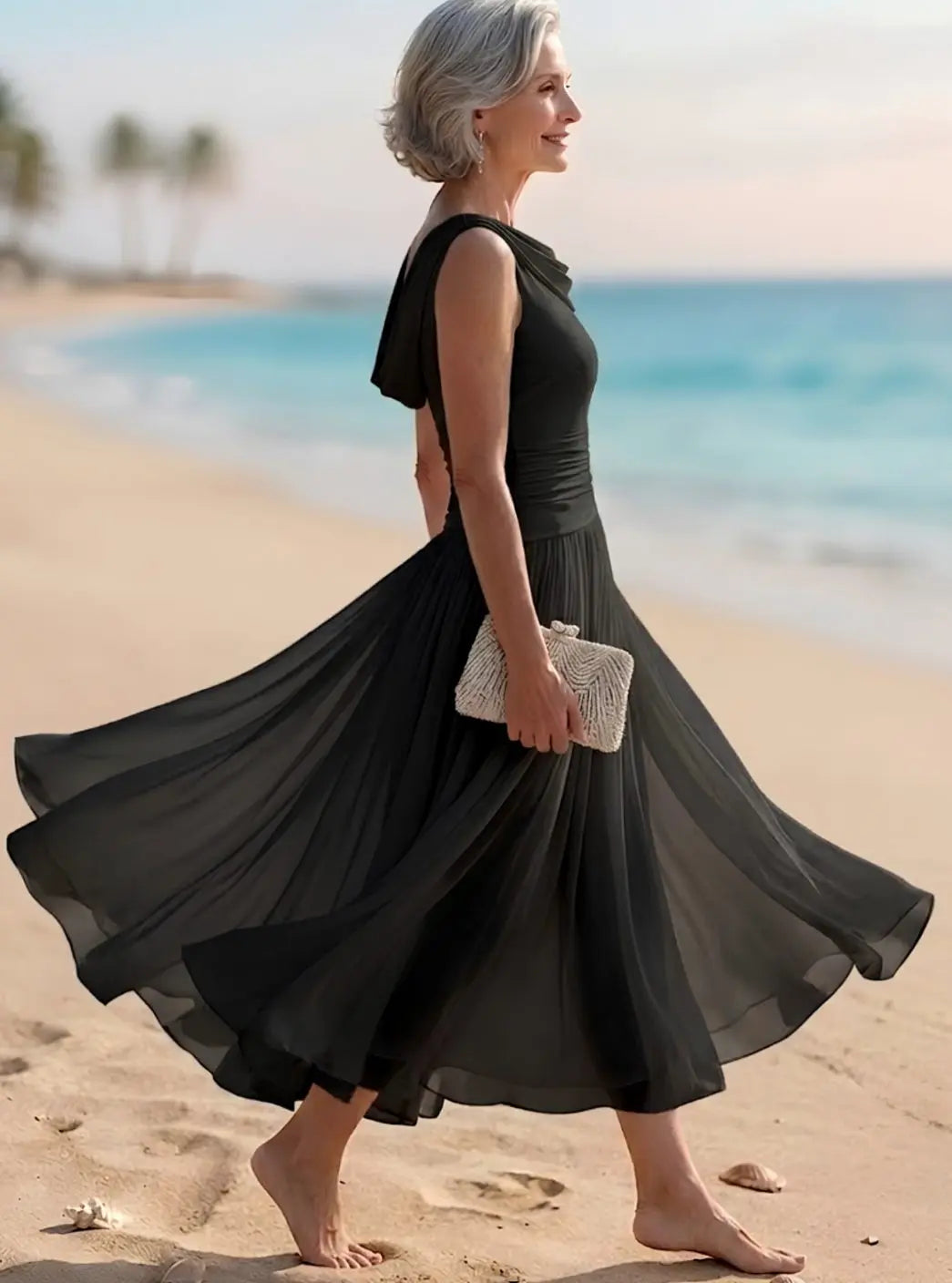 Women's Sleeveless Draped-Neck Pleated A-Line Midi Dress