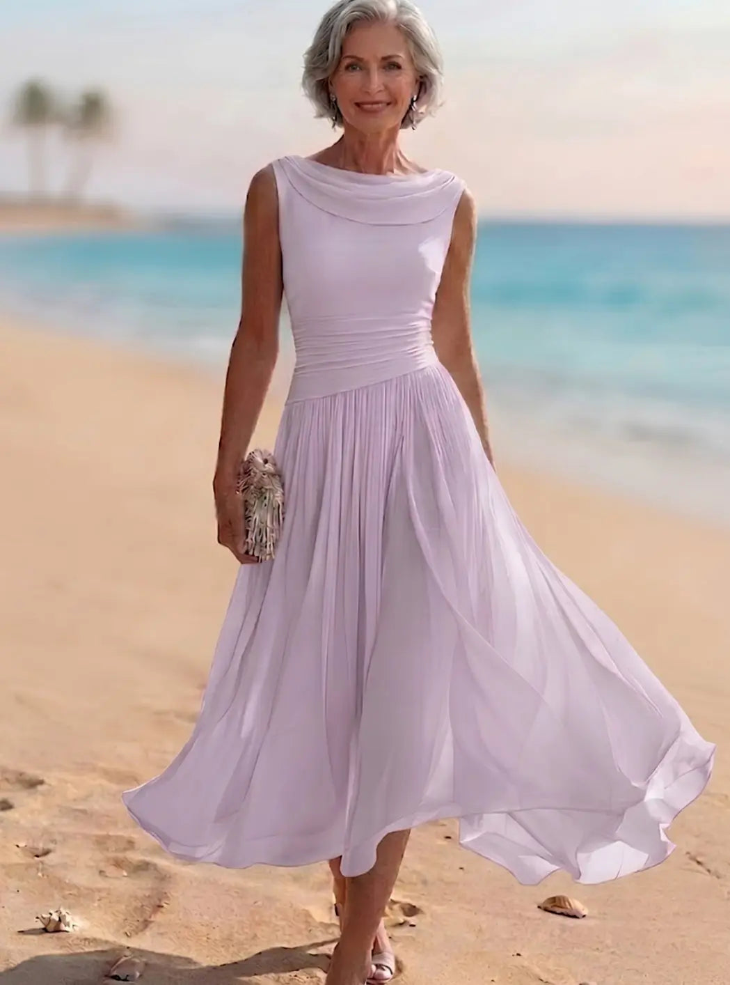 Women's Sleeveless Draped-Neck Pleated A-Line Midi Dress - Purple