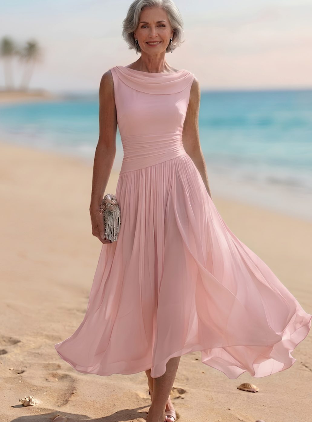 Women's Sleeveless Draped-Neck Pleated A-Line Midi Dress, White - Pink