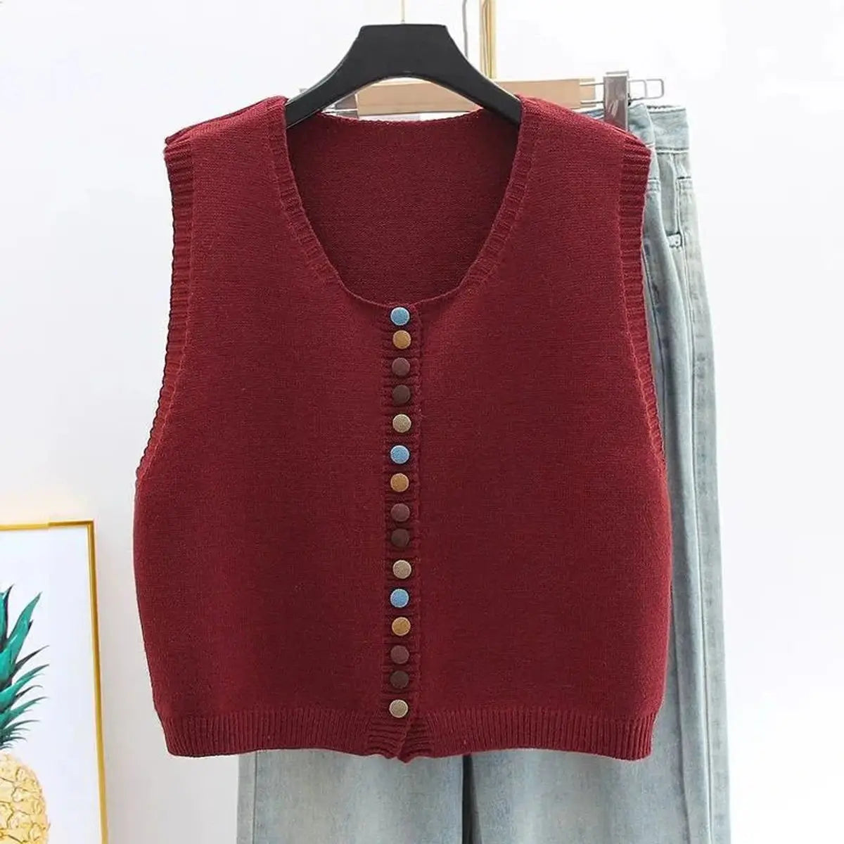 Women's Sleeveless Knit Button-Front Vest Cardigan - Burgundy