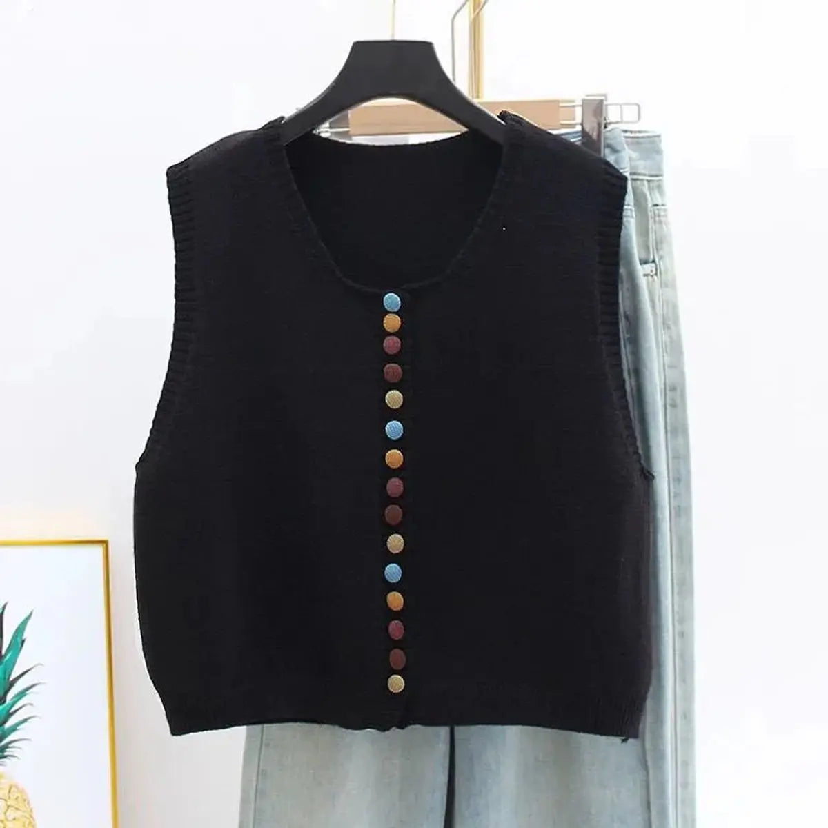 Women's Sleeveless Knit Button-Front Vest Cardigan - Black