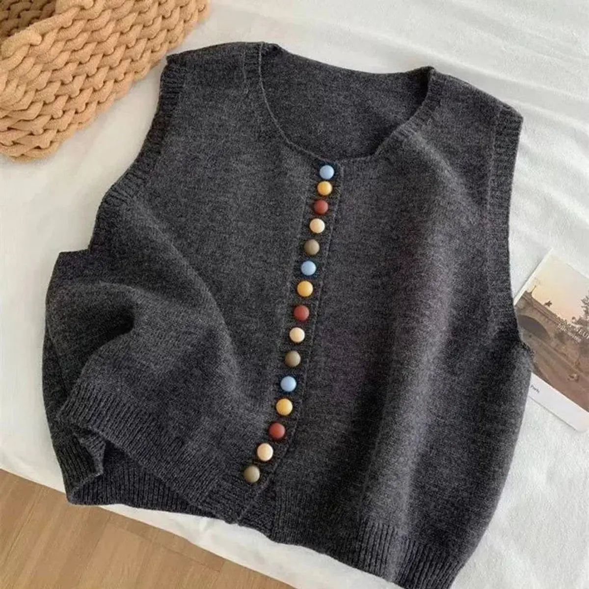 Women's Sleeveless Knit Button-Front Vest Cardigan - Grey