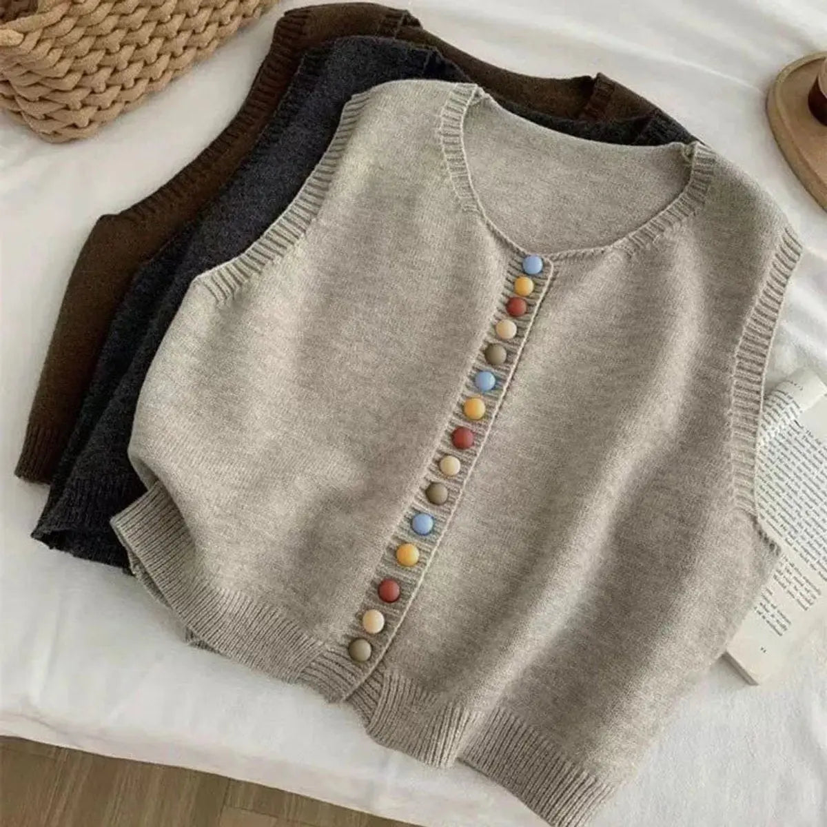 Women's Sleeveless Knit Button-Front Vest Cardigan