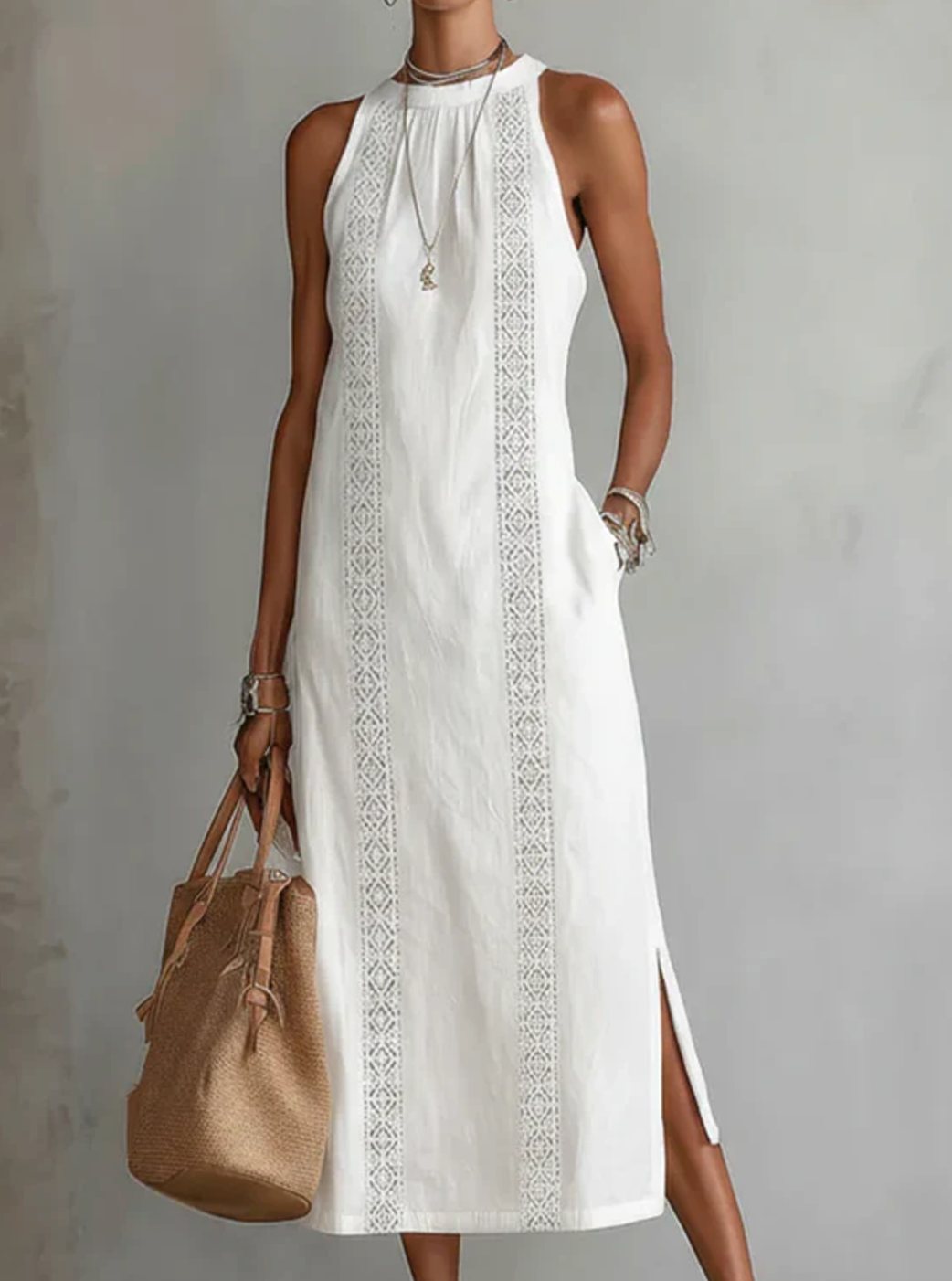 Women's Sleeveless Lace-Insert Side-Slit White Midi Sundress - White