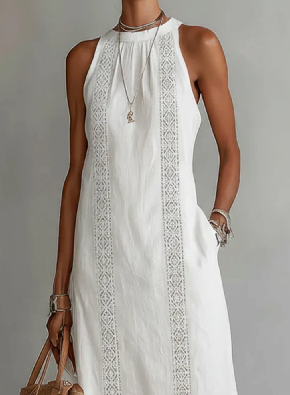 Women's Sleeveless Lace-Insert Side-Slit White Midi Sundress