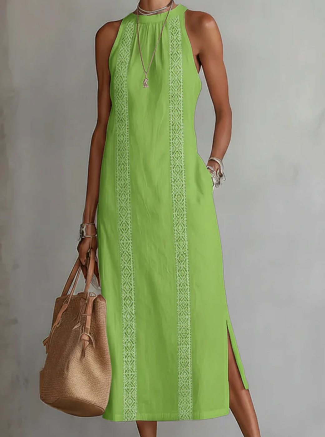 Women's Sleeveless Lace-Insert Side-Slit White Midi Sundress - Green