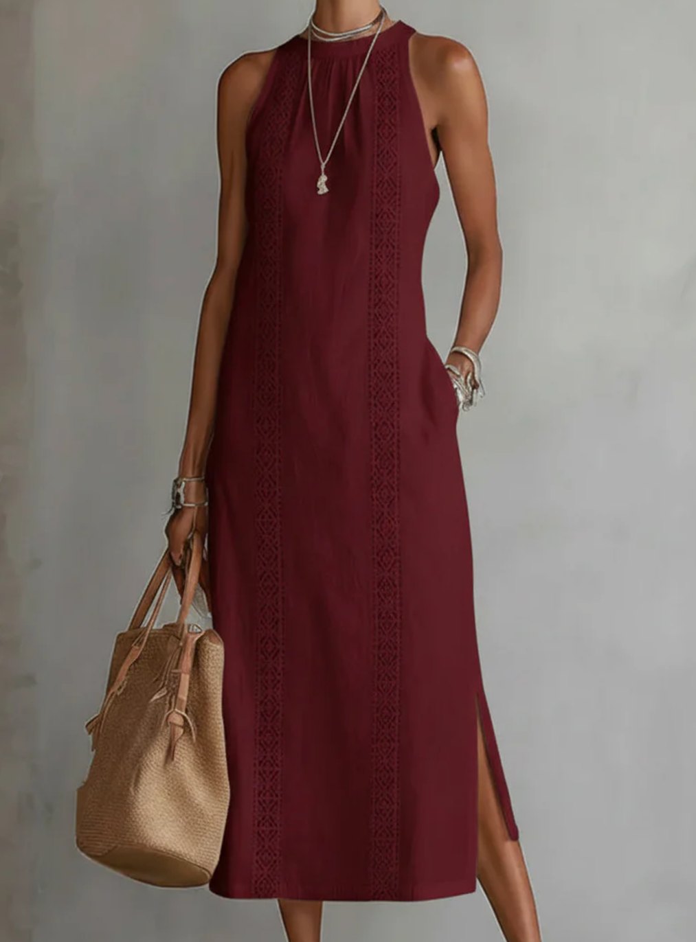 Women's Sleeveless Lace-Insert Side-Slit White Midi Sundress - Red