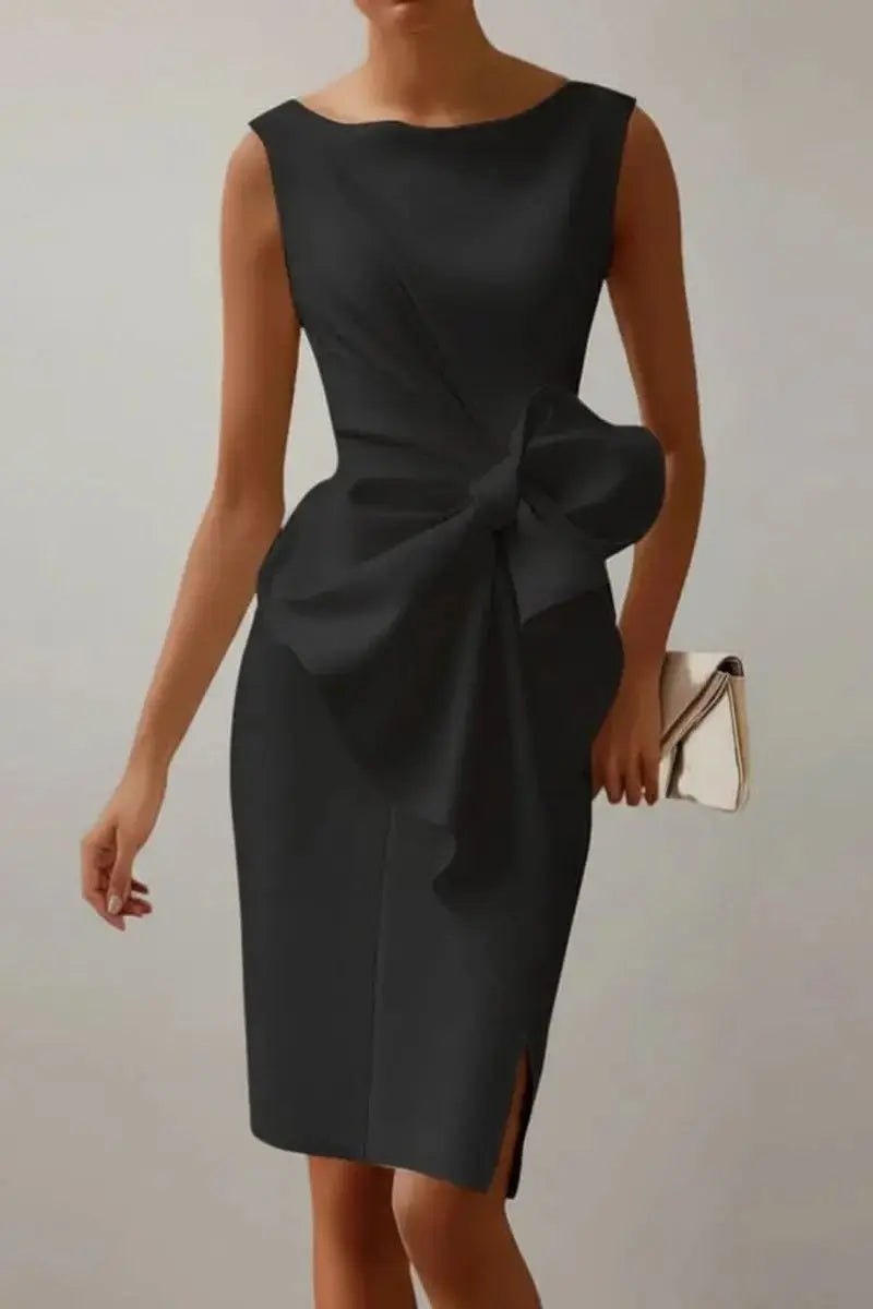 Women's Sleeveless Midi Cocktail Dress Bow-Detail Front Slit
