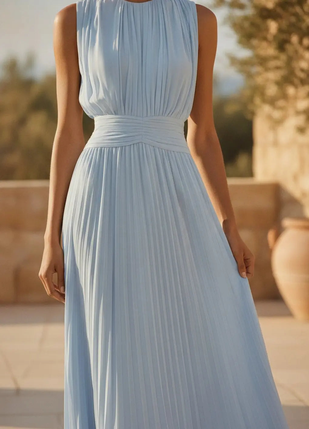 Women's Sleeveless Ruched-Waist Pleated Maxi Wedding Guest Dress
