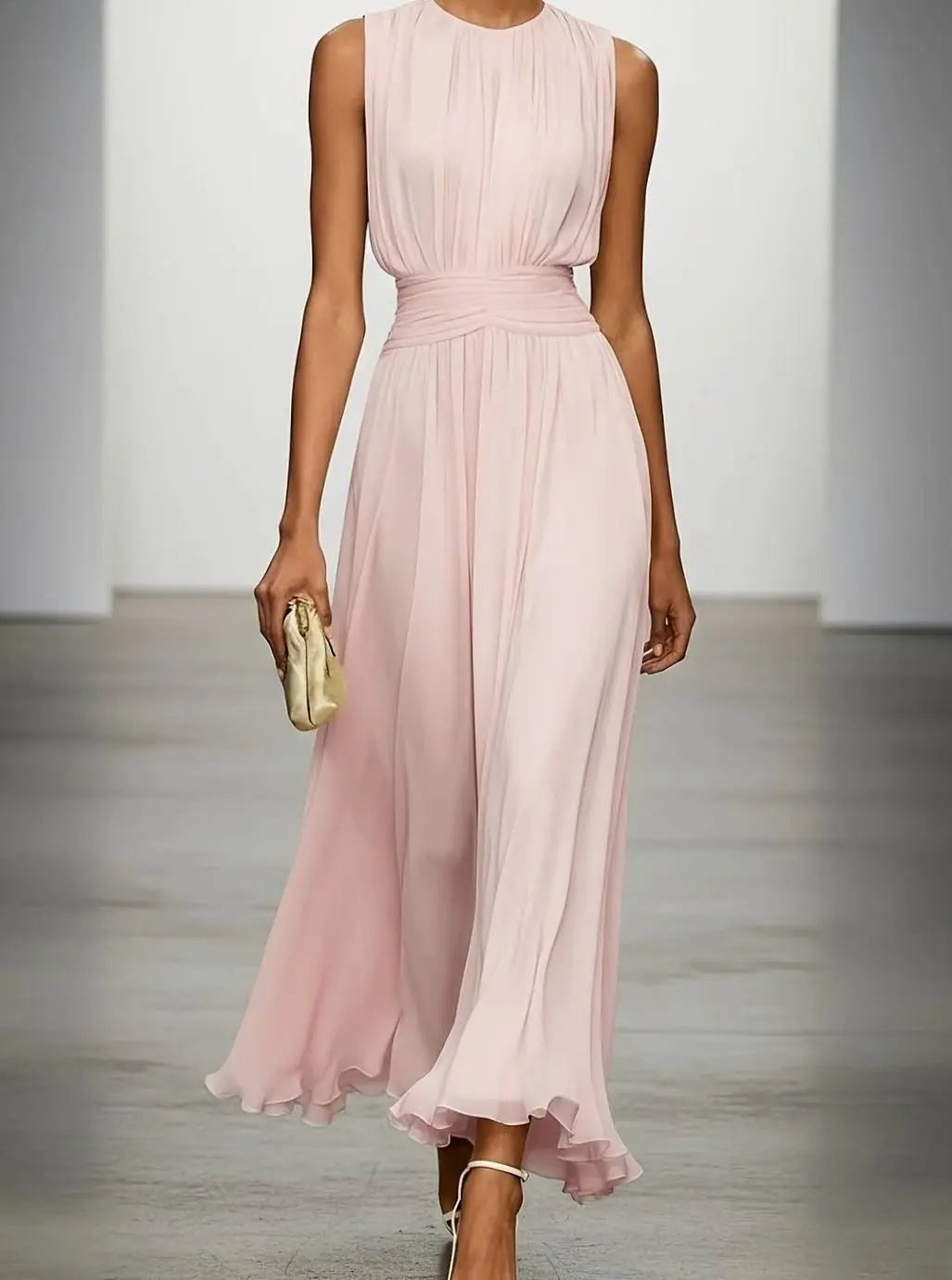 Women's Sleeveless Ruched-Waist Pleated Maxi Wedding Guest Dress - Pink