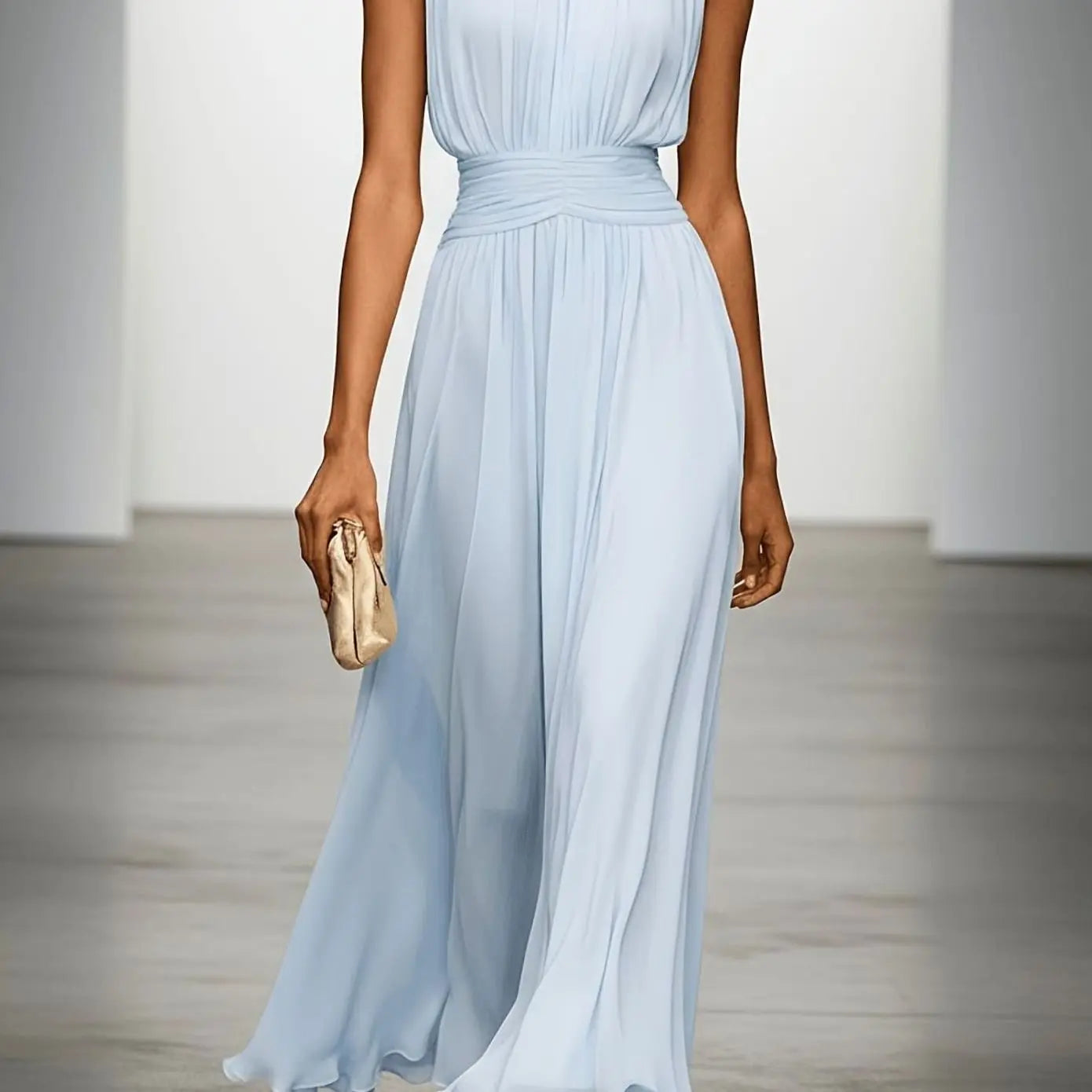 Women's Sleeveless Ruched-Waist Pleated Maxi Wedding Guest Dress