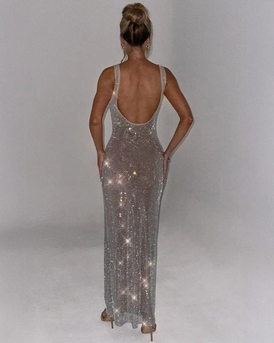 Women's Sleeveless Sequin Maxi Evening Gown Square Neck