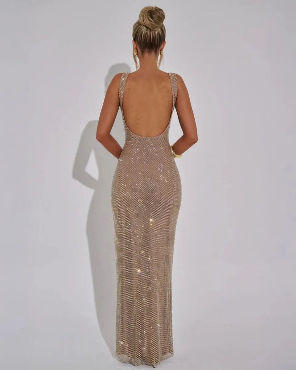 Women's Sleeveless Sequin Maxi Evening Gown Square Neck