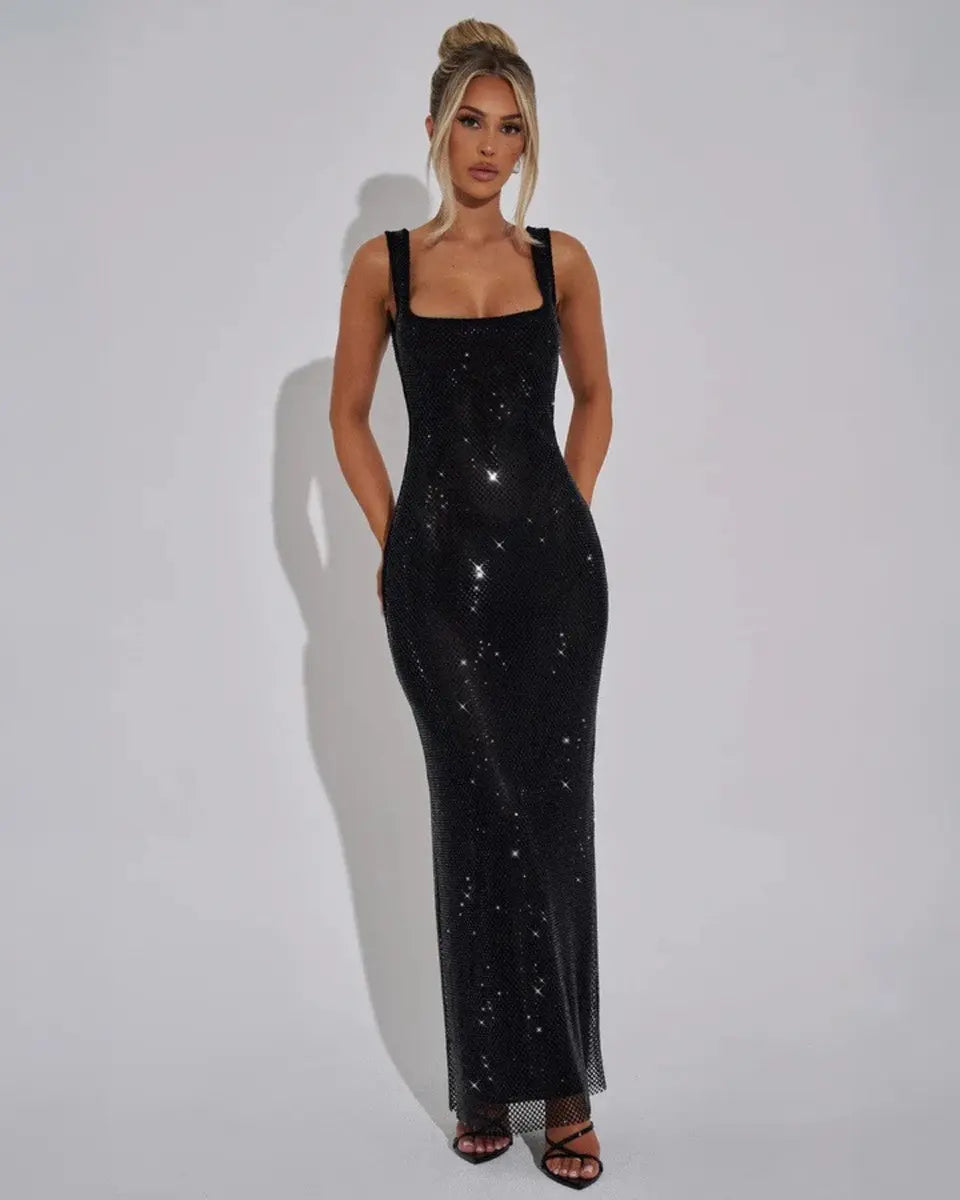 Women's Sleeveless Sequin Maxi Evening Gown Square Neck - Black