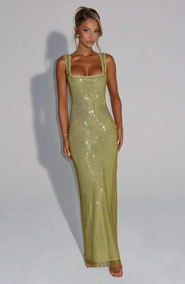 Women's Sleeveless Sequin Maxi Evening Gown Square Neck - Green