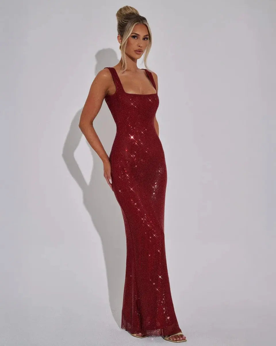 Women's Sleeveless Sequin Maxi Evening Gown Square Neck