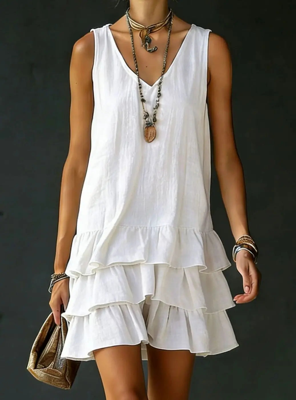 Women's Sleeveless V-Neck Tiered Ruffle Mini Dress - White