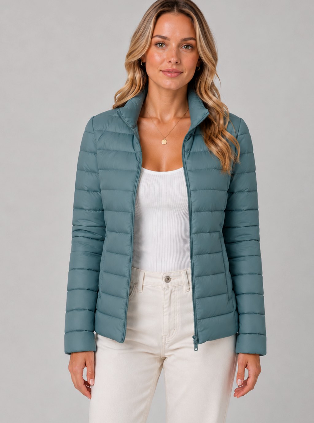 Women's Slim-Fit Lightweight Summer Puffer Jacket Zip-Up - Blue