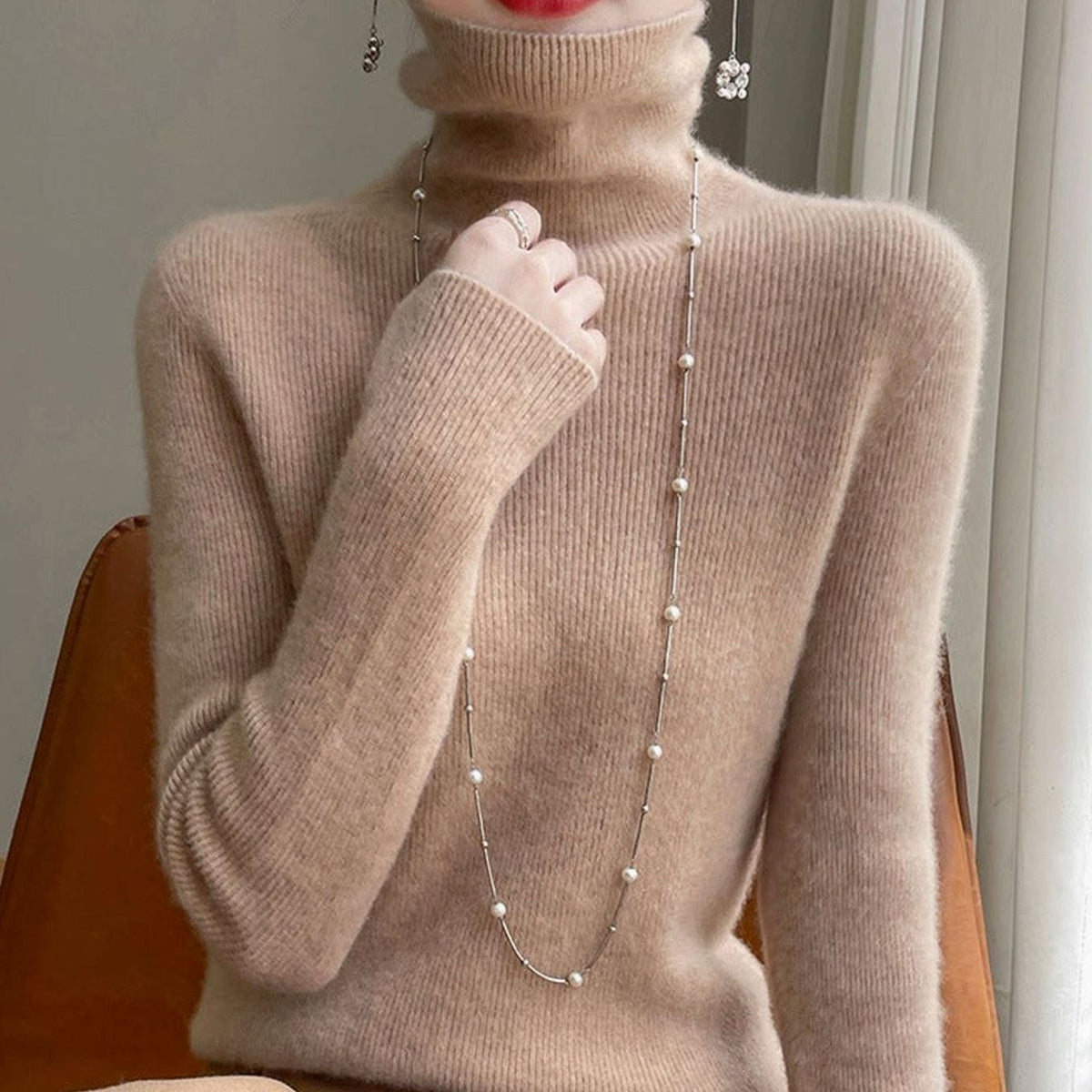Women's Slim-Fit Ribbed Turtleneck Knit Jumper - Beige Taupe