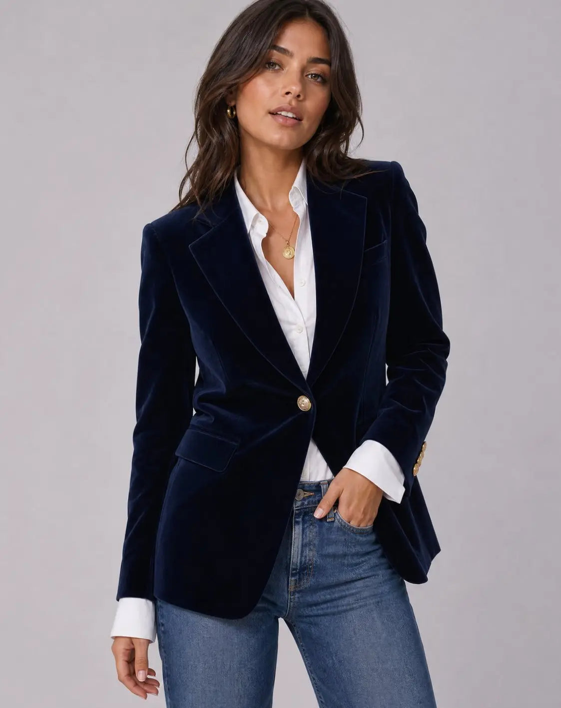Women's Slim-Fit Velvet Gold-Button Blazer - Dark Blue